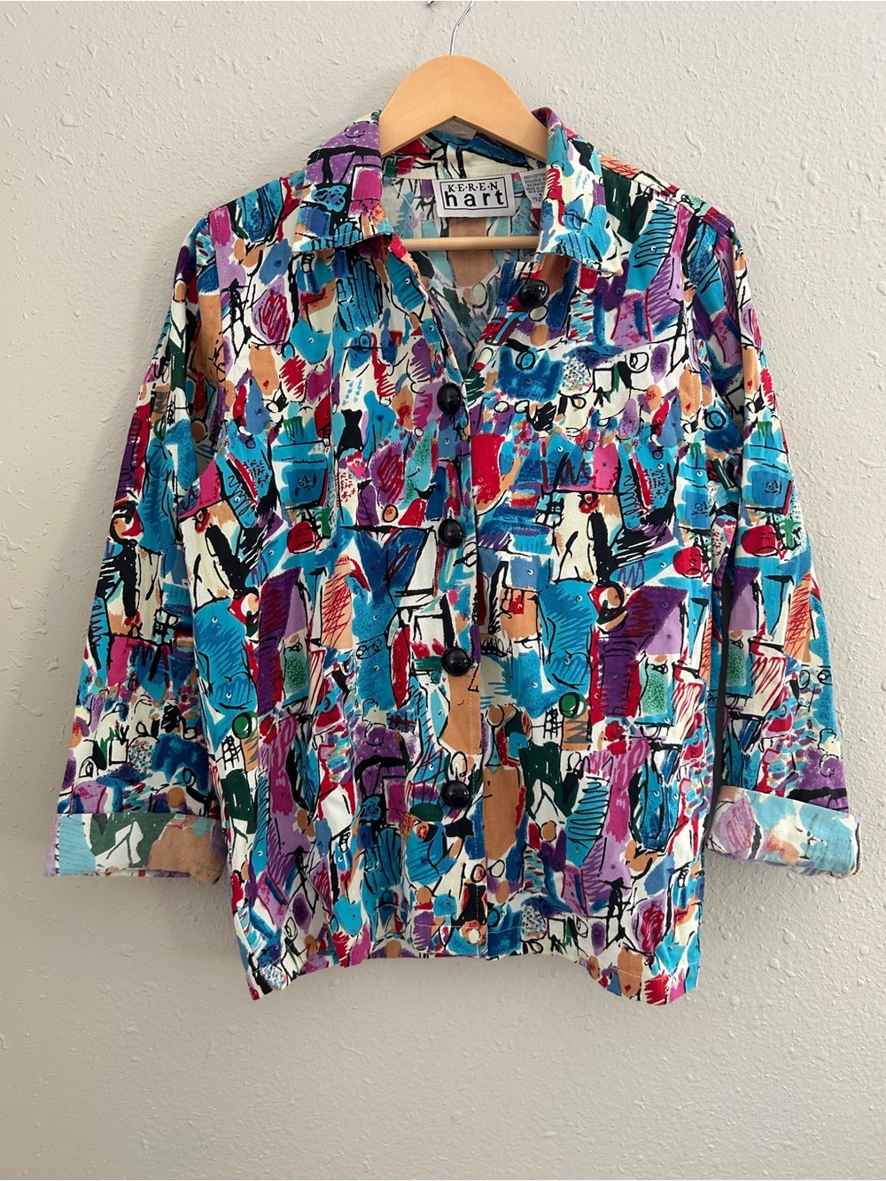KEREN hart Colorful Abstract Button-Down Shirt Turquoise, Purple & Red Vintage